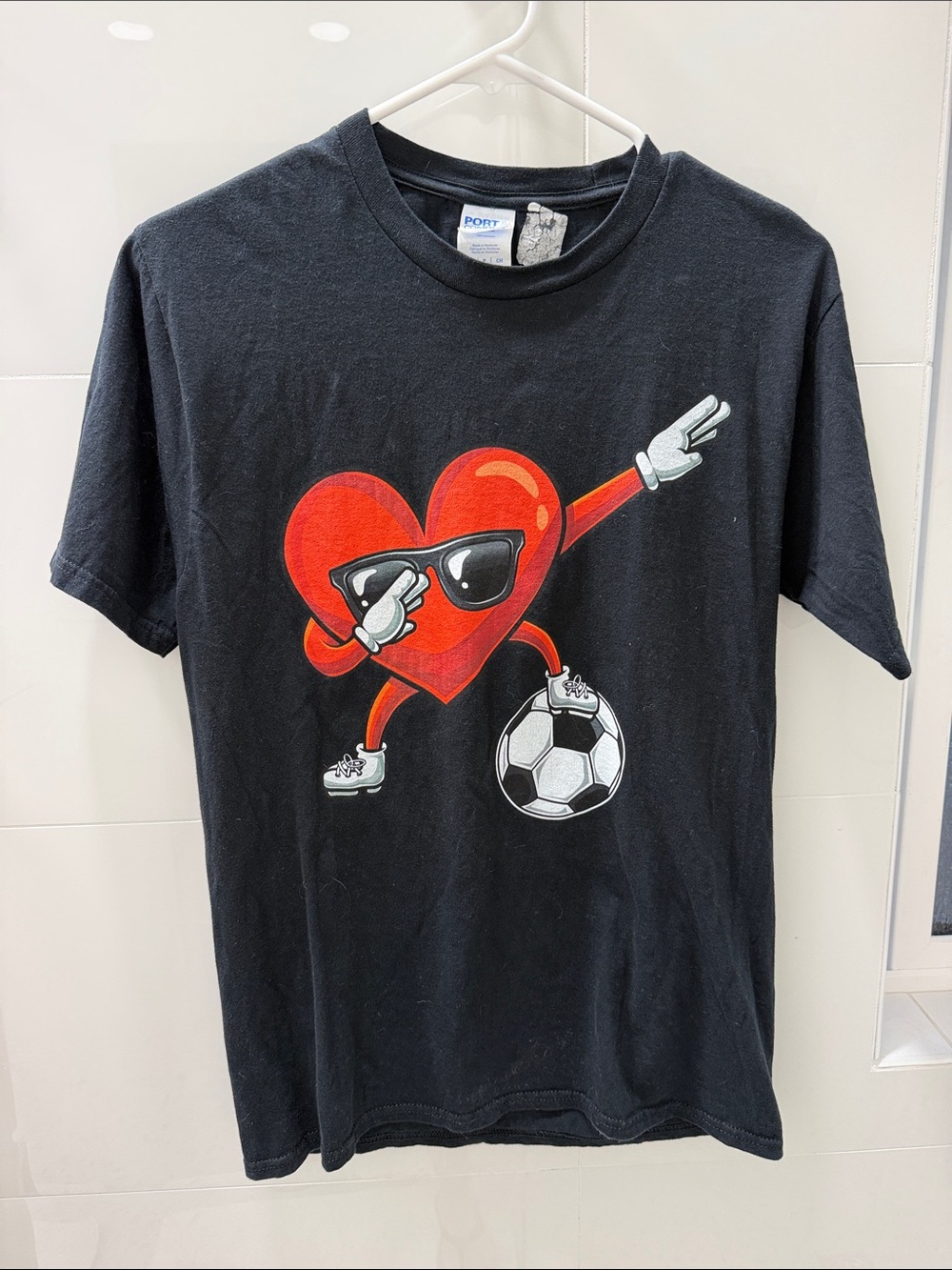 Kids Black Tee with Red Heart Soccer Graphic